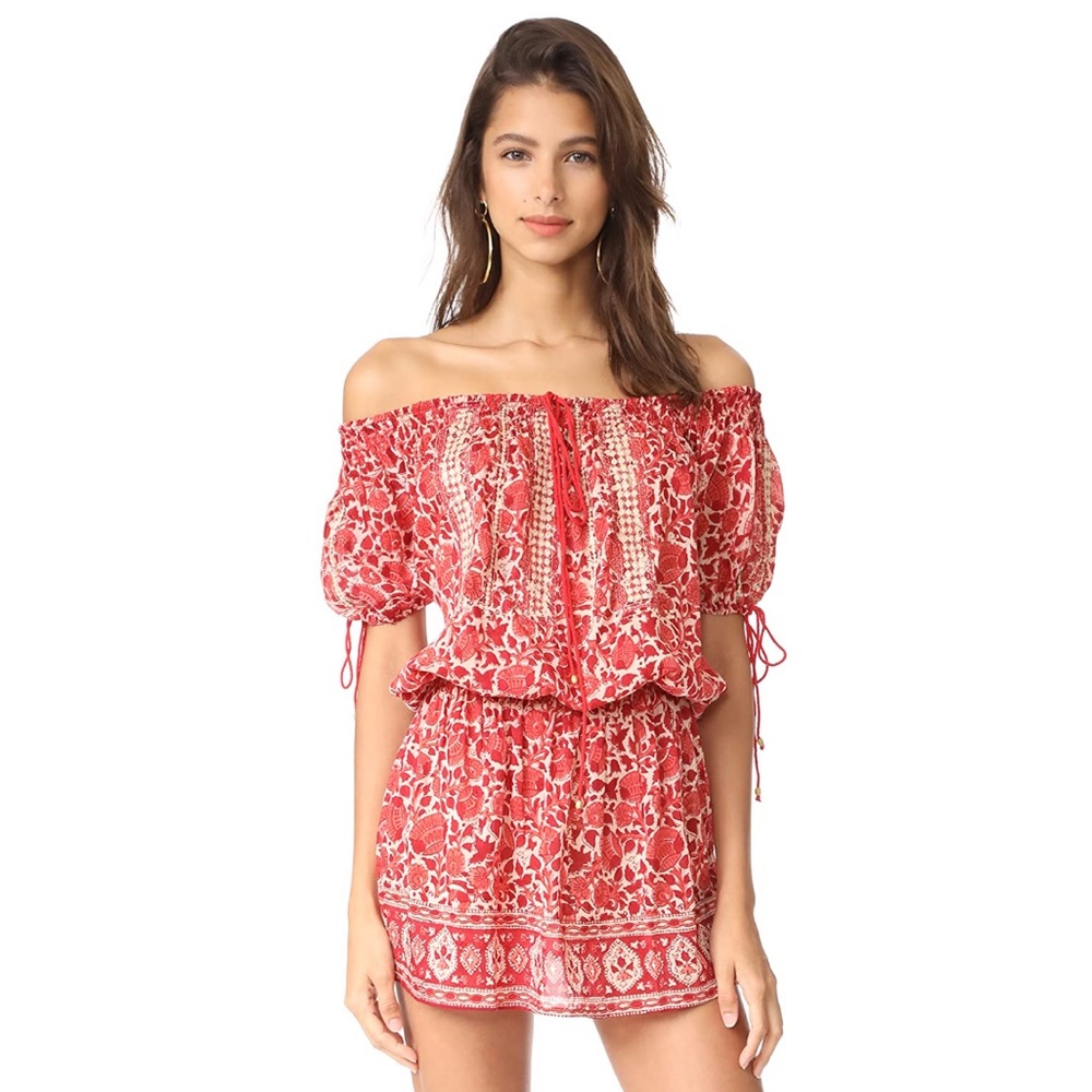 Bell clothing red floral off the shoulder dress.
